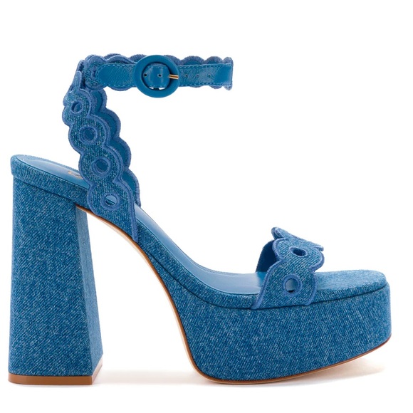 Larroudé Dolly Broderie Sandal In Blue Stoned Denim. - Picture 2 of 7